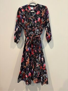 Roots Black Floral Midi Dress with Tie Waist